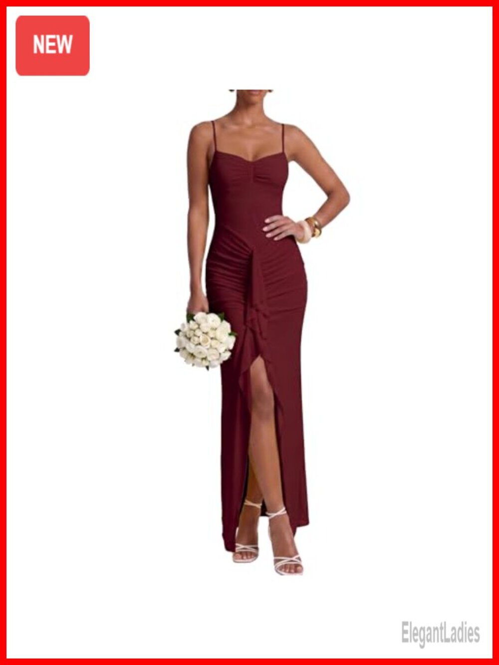 Spaghetti Strap Maxi Dress Ruched Bodycon Front Slit Ruffle Formal - Picture 1 of 6